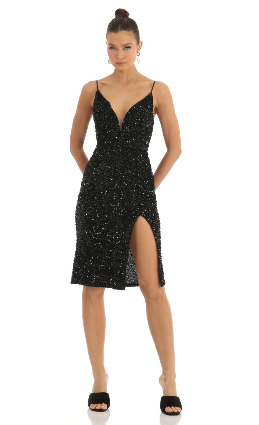 Product image for Berlin Sequin Velvet Plunge Midi Dress in Black