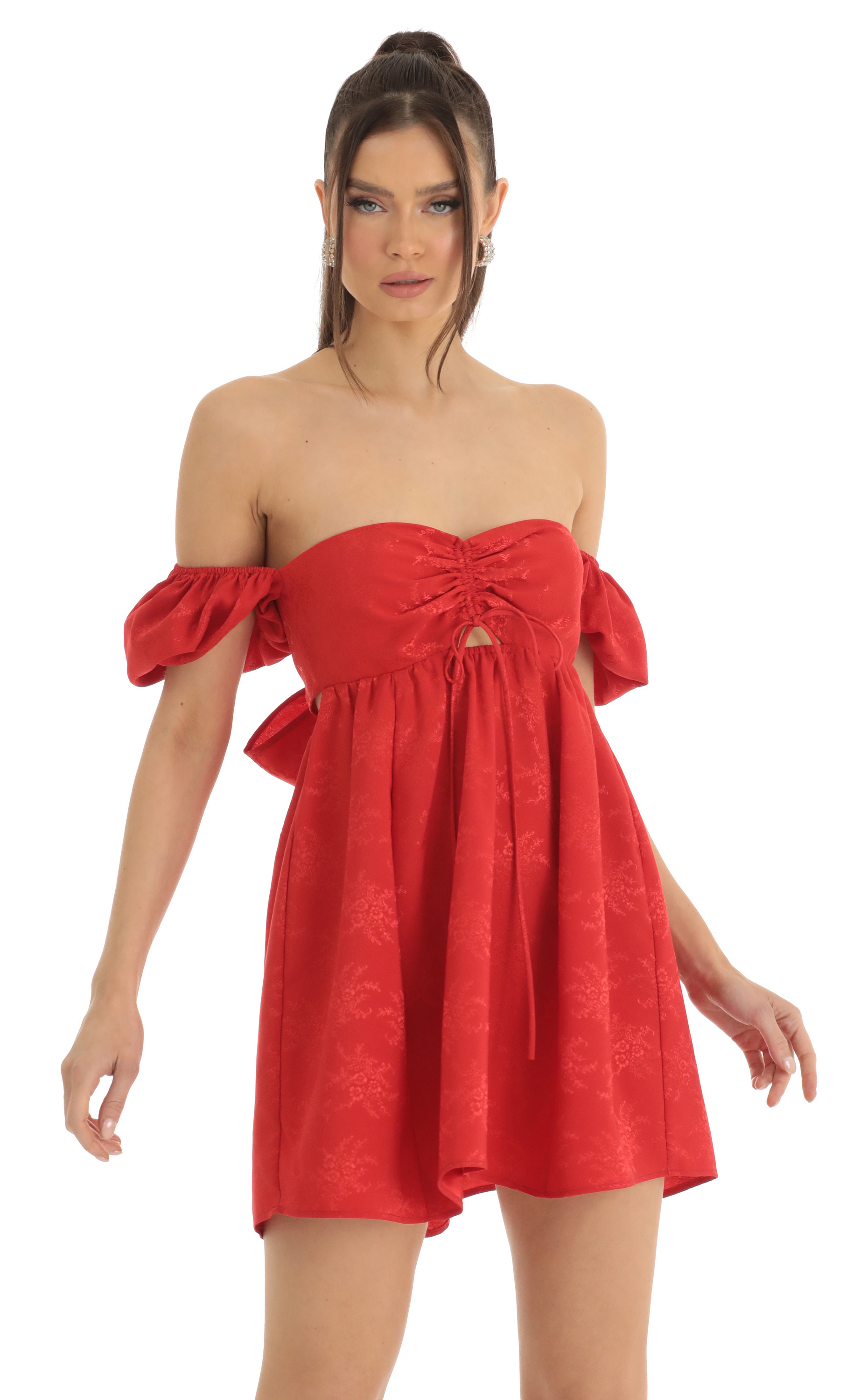 Jacquard Puff Sleeve Baby Doll Dress in Red