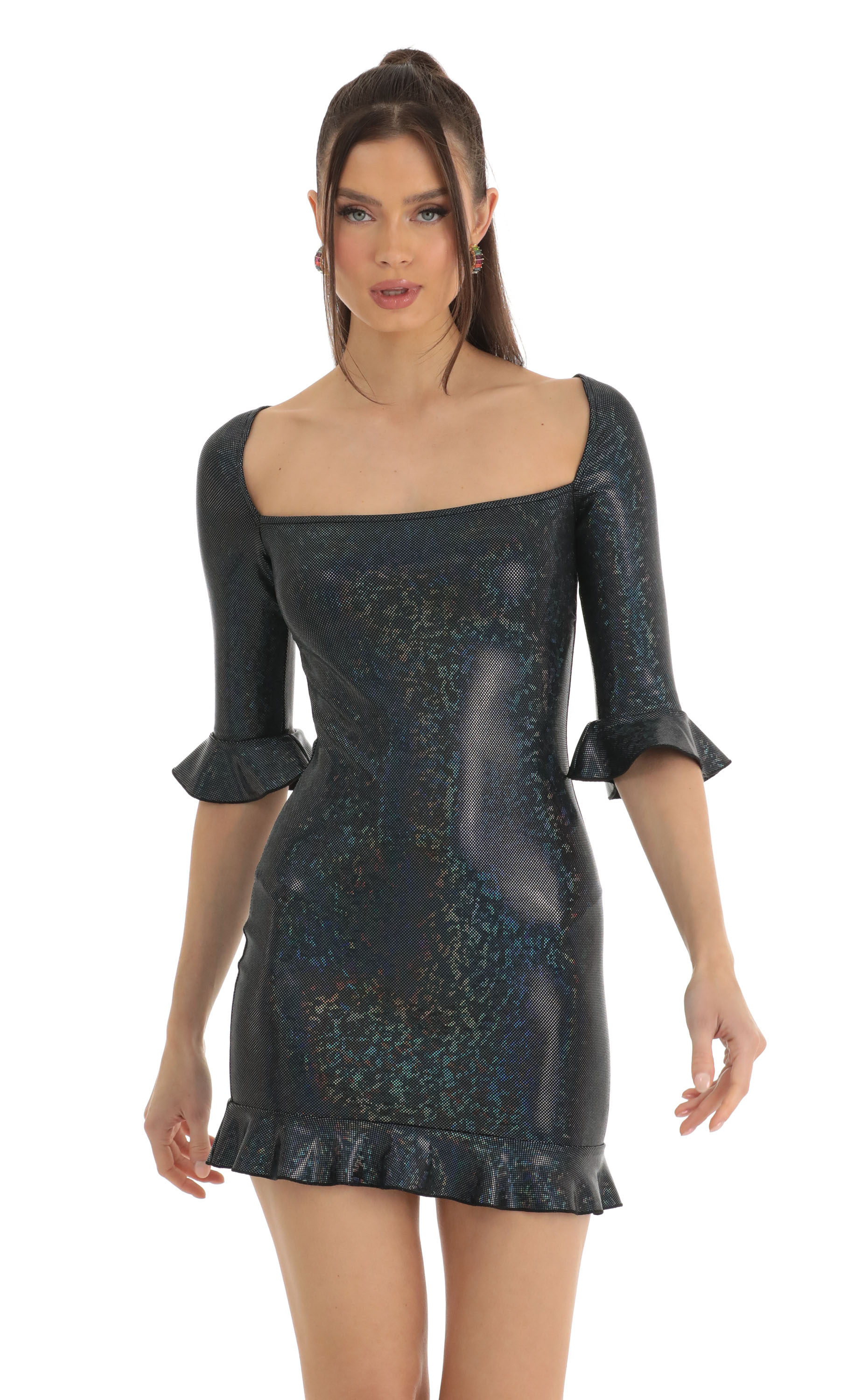 Jovi Holographic Bodycon Dress in Black Multi