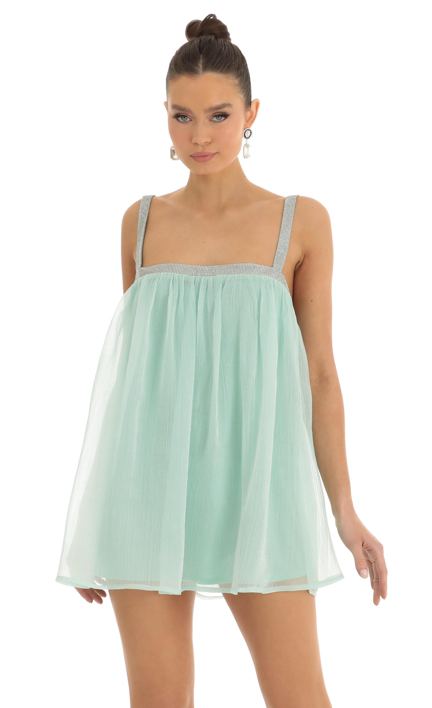 Rhinestone Strap Baby Doll Dress in Mint