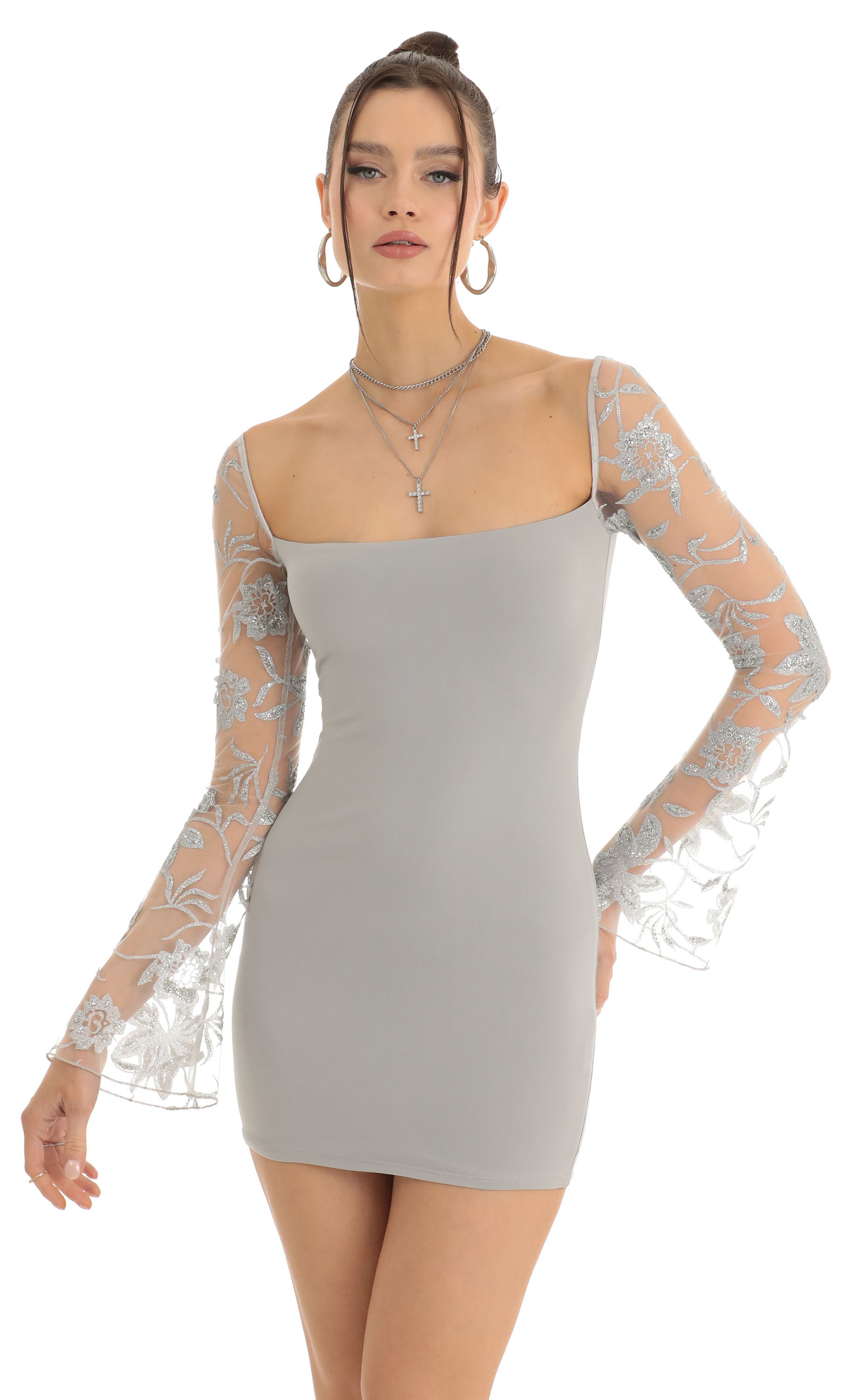 Floral Glitter Long Sleeve Bodycon Dress in Grey
