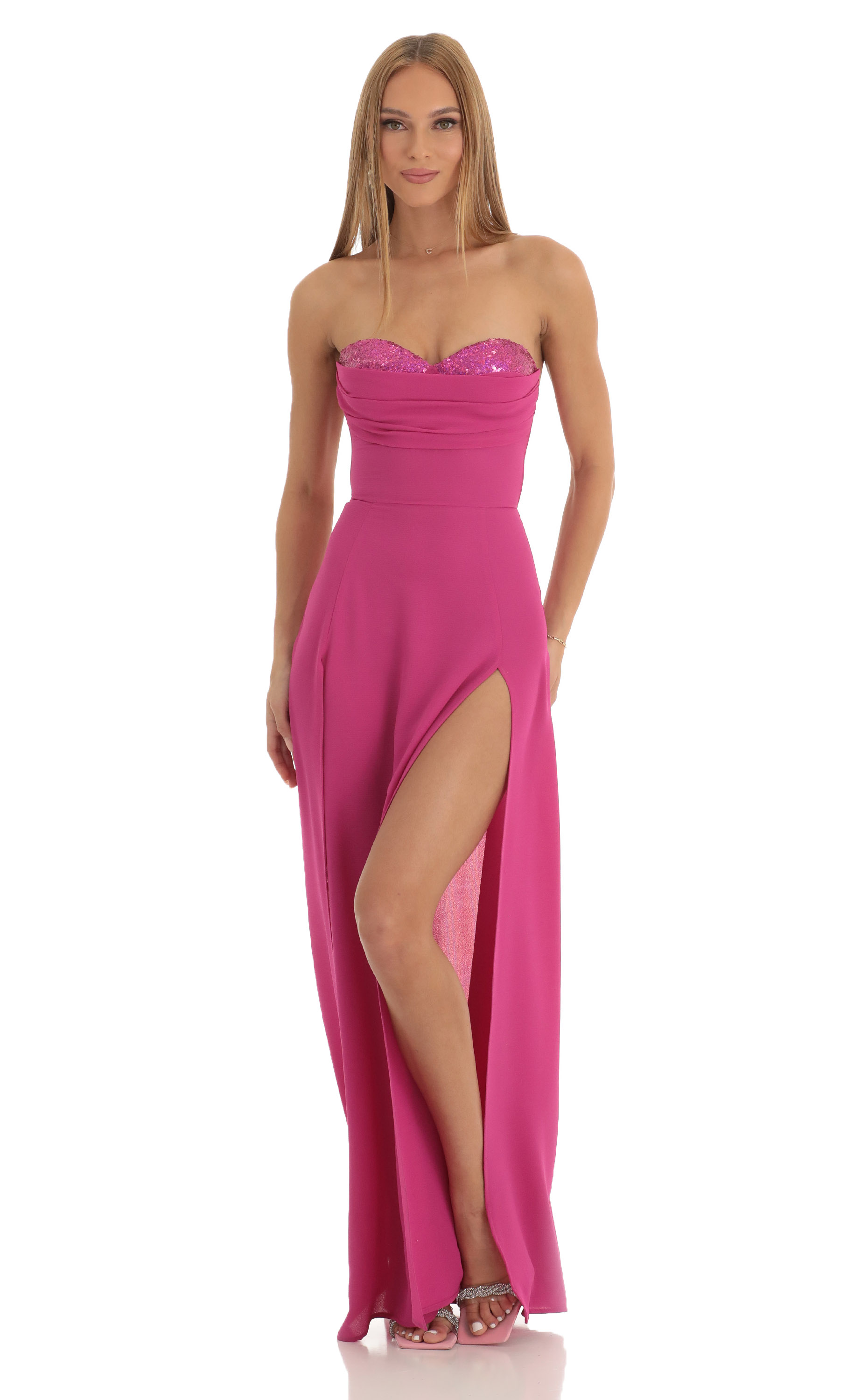 Sequin Bust Crepe Maxi Dress in Hot Pink