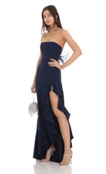 Picture Strapless Back Bow Corset Maxi Dress in Navy. Source: https://media-img.lucyinthesky.com/data/Jan24/150xAUTO/031550c0-558e-41df-ac80-cde406b909b2.jpg