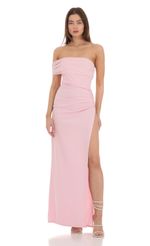 Picture Off Shoulder Tulle Sleeve Maxi Dress in Pink. Source: https://media-img.lucyinthesky.com/data/Jan24/150xAUTO/3f3b6189-e445-458b-9397-0fe147e4db4b.jpg