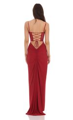 Picture Sequin Lace Cutout Maxi Dress in Red. Source: https://media-img.lucyinthesky.com/data/Jan24/150xAUTO/cfd2d2e2-beb6-43dd-8ea3-e10b9270d245.jpg