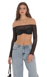 Picture Off Shoulder Mesh Top in Black. Source: https://media-img.lucyinthesky.com/data/Jan24/150xAUTO/e87c8e36-a891-480d-9501-5d60cd0128f0.jpg