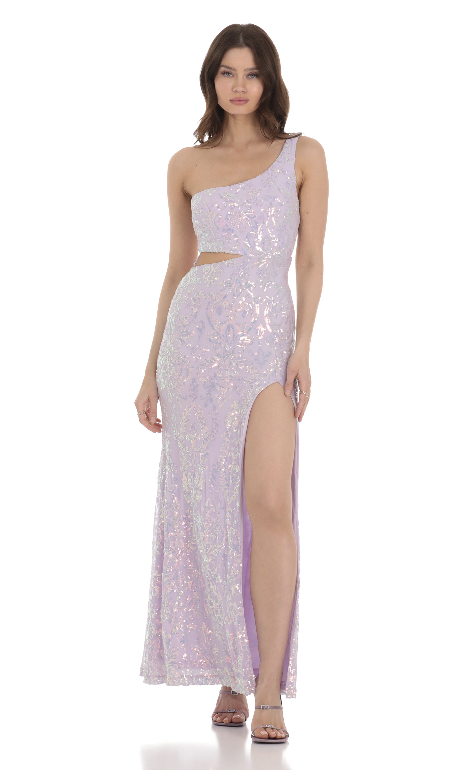 Sequin One Shoulder Cutout Maxi Dress in Lavender
