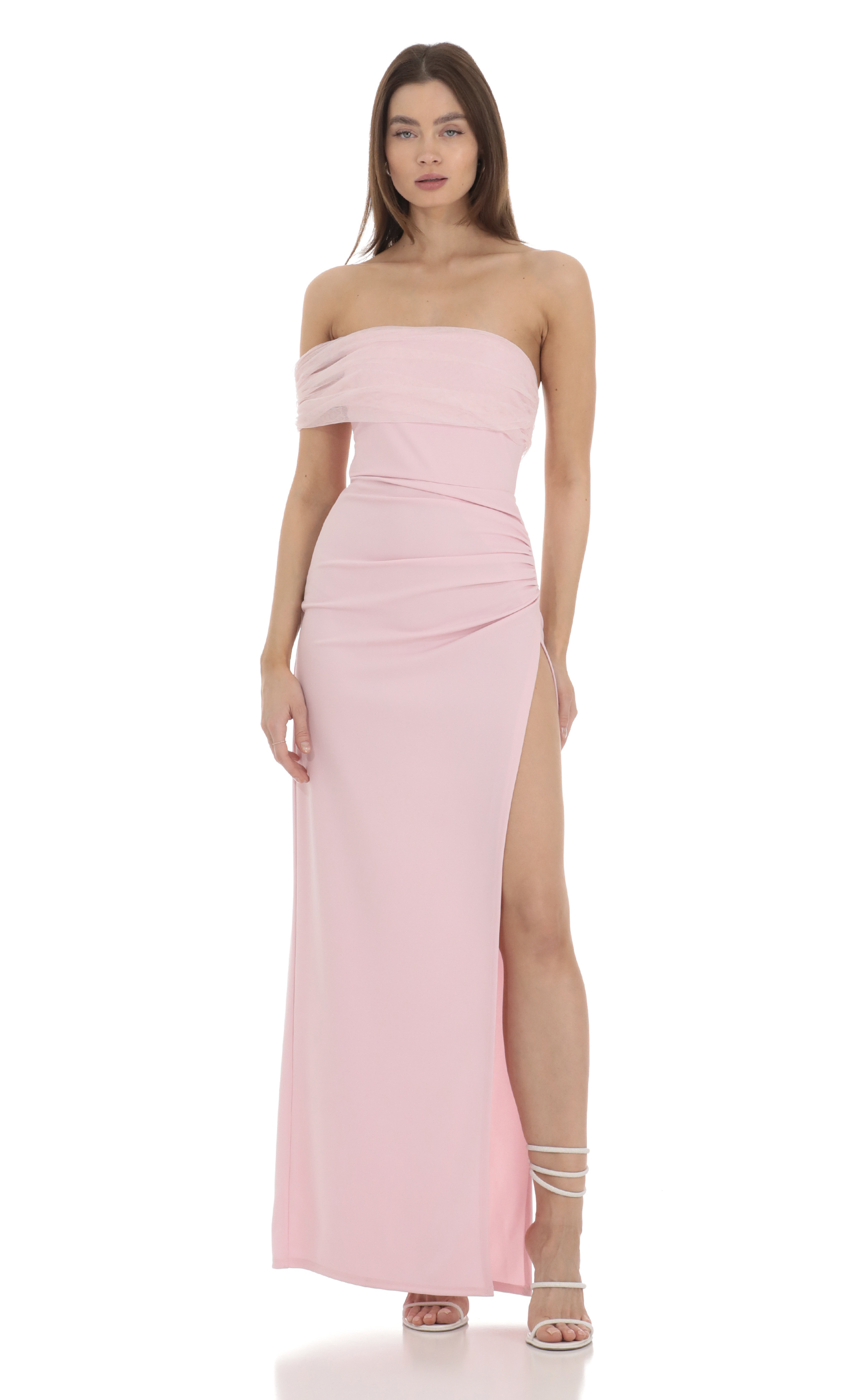 Off Shoulder Tulle Sleeve Maxi Dress in Pink