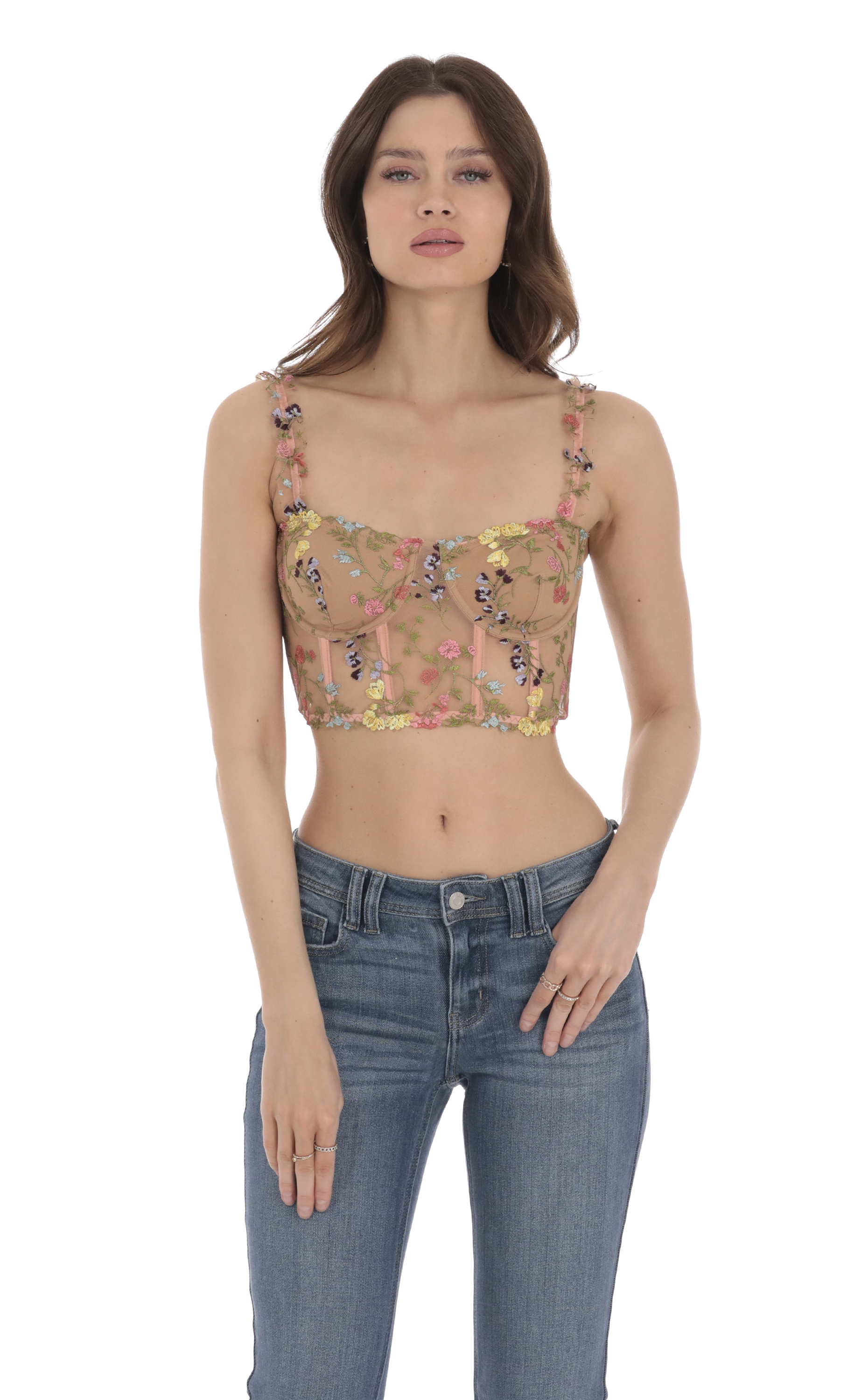 Floral Embroidered Corset Top in Brown