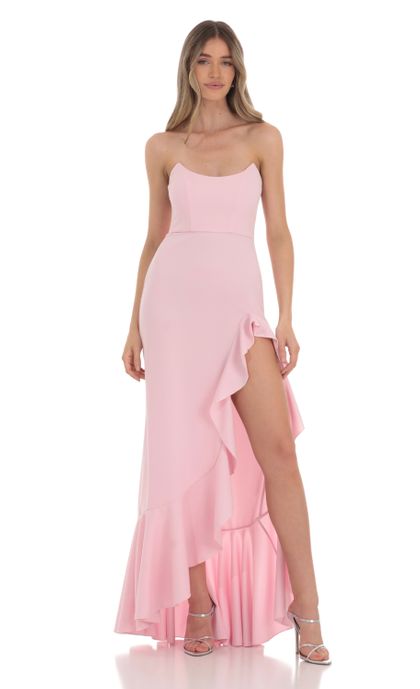 Ruffle Slit Strapless Corset Maxi Dress in Pink | LUCY IN