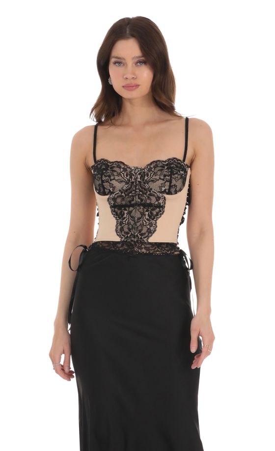 Black Lace Ribbon Top in Tan