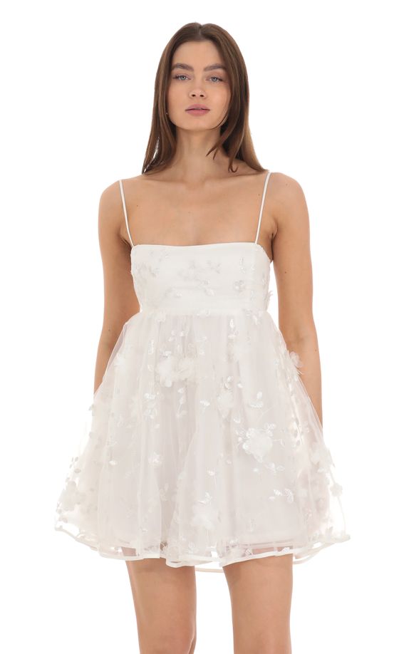 3-D Foral Babydoll Dress in White