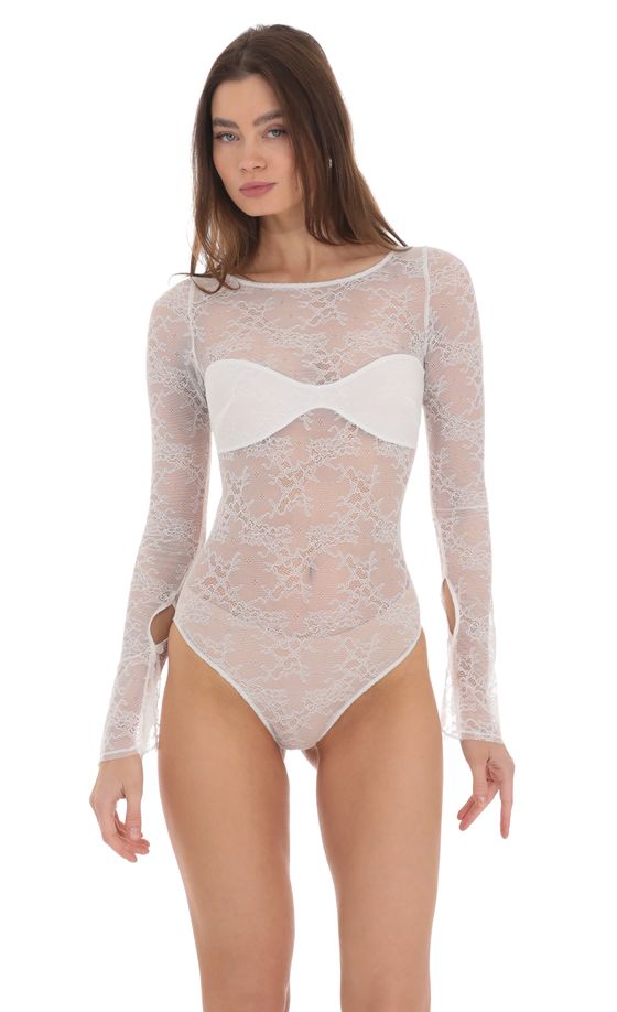 Long Sleeve Lace Bodysuit in White