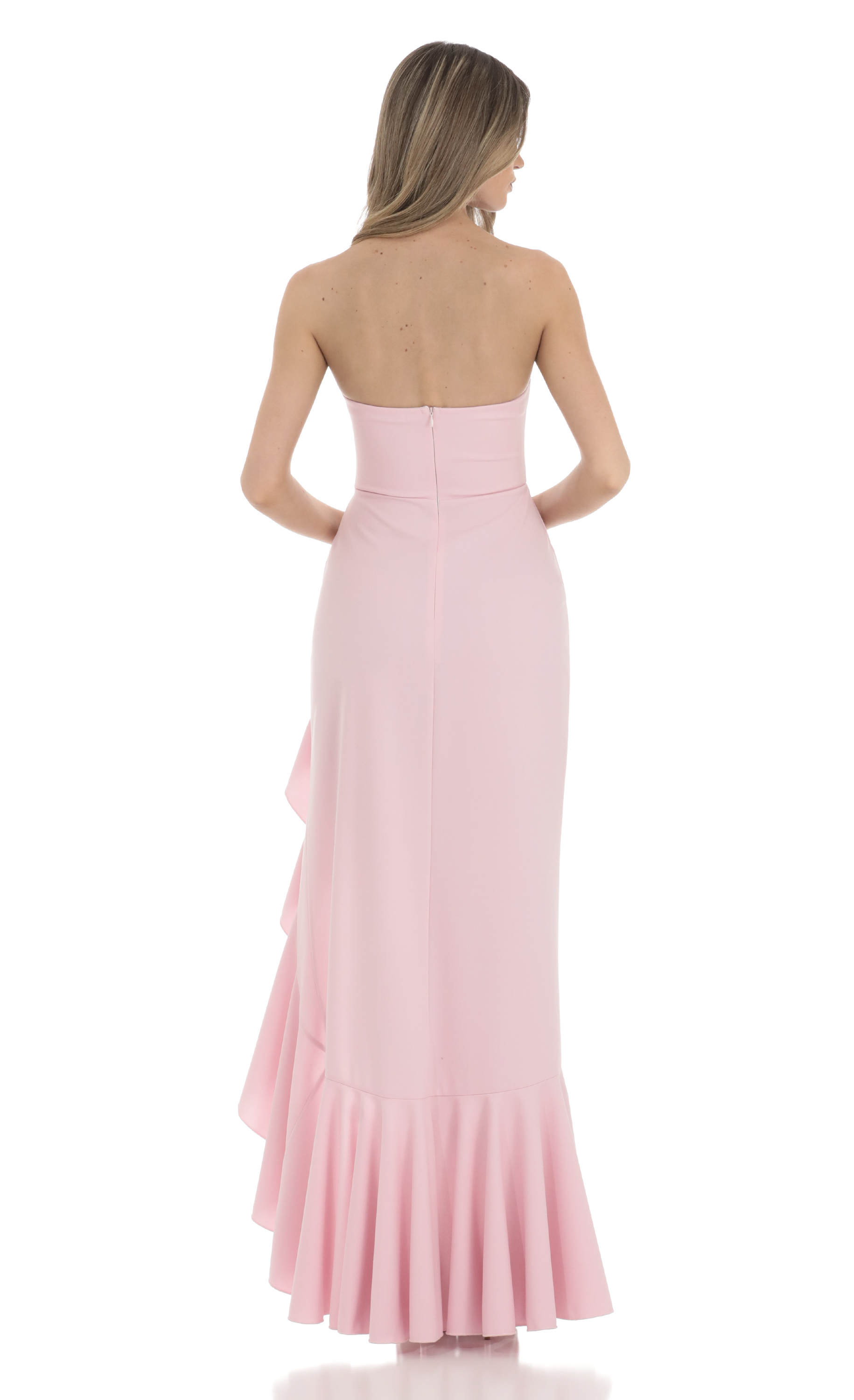 chinese dress ladies Rent Oh Polly Dulce Embellished Strapless Ruffle Maxi Dress in Soft Pink main image 0