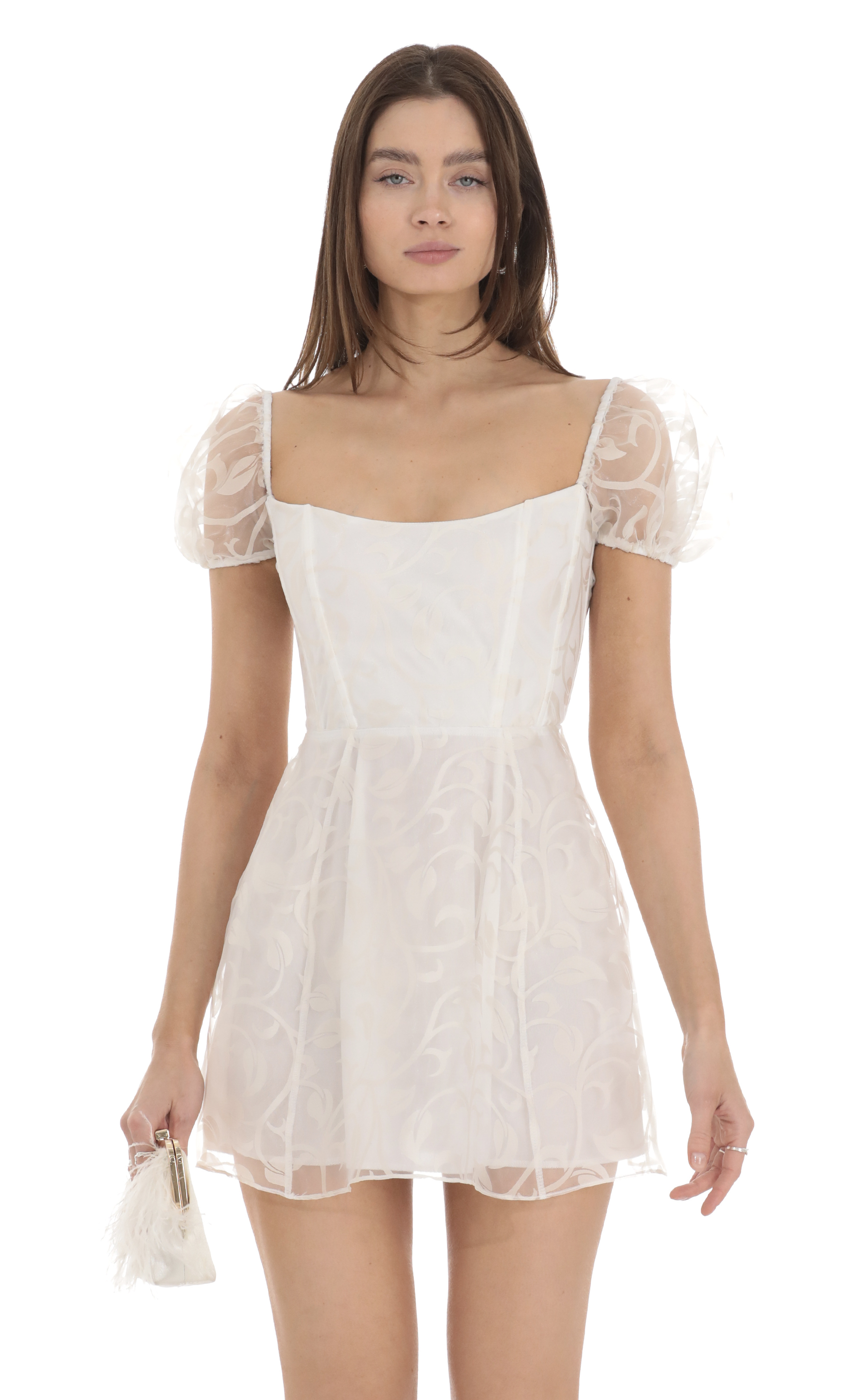 Chiffon Corset Puff Sleeve Dress in White