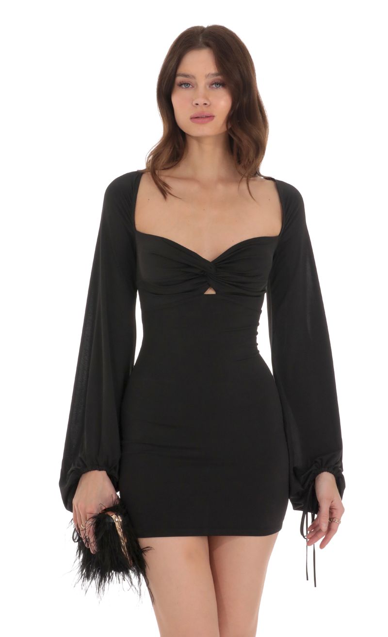 Ballon Sleeve Twist Bodycon Dress in Black | LUCY IN THE SKY Ballon Sleeve Twist Bodycon Dress in Black | LUCY IN THE SKY
