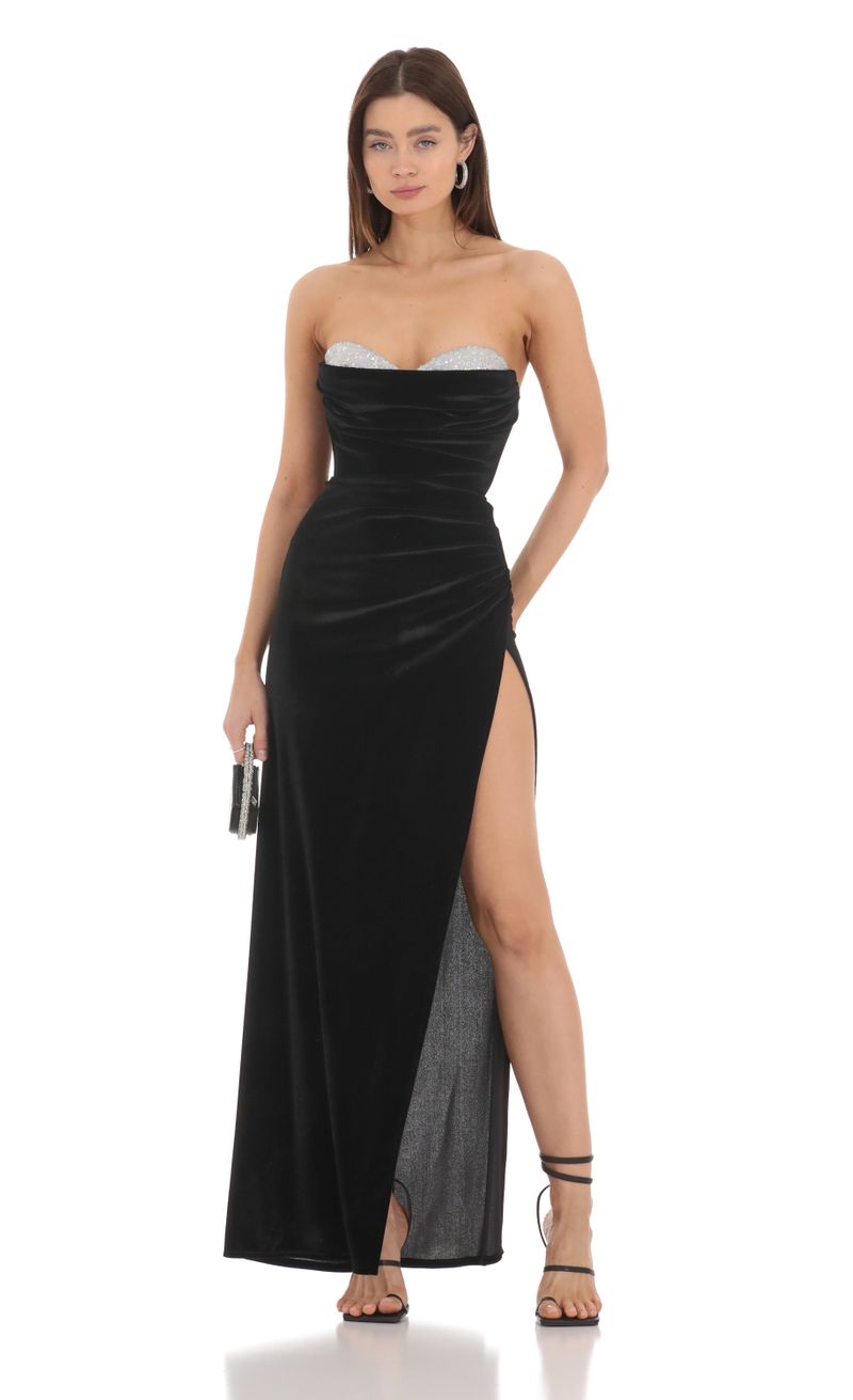 Black Velvet Draped Wrap Detail Bandeau Maxi Dress | PrettyLittleThing