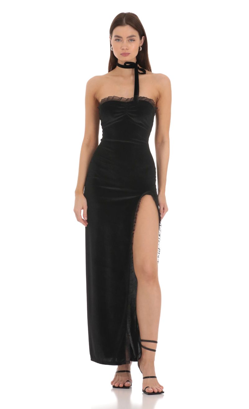 Velvet Strapless Choker Maxi Dress in Black | LUCY IN THE SKY