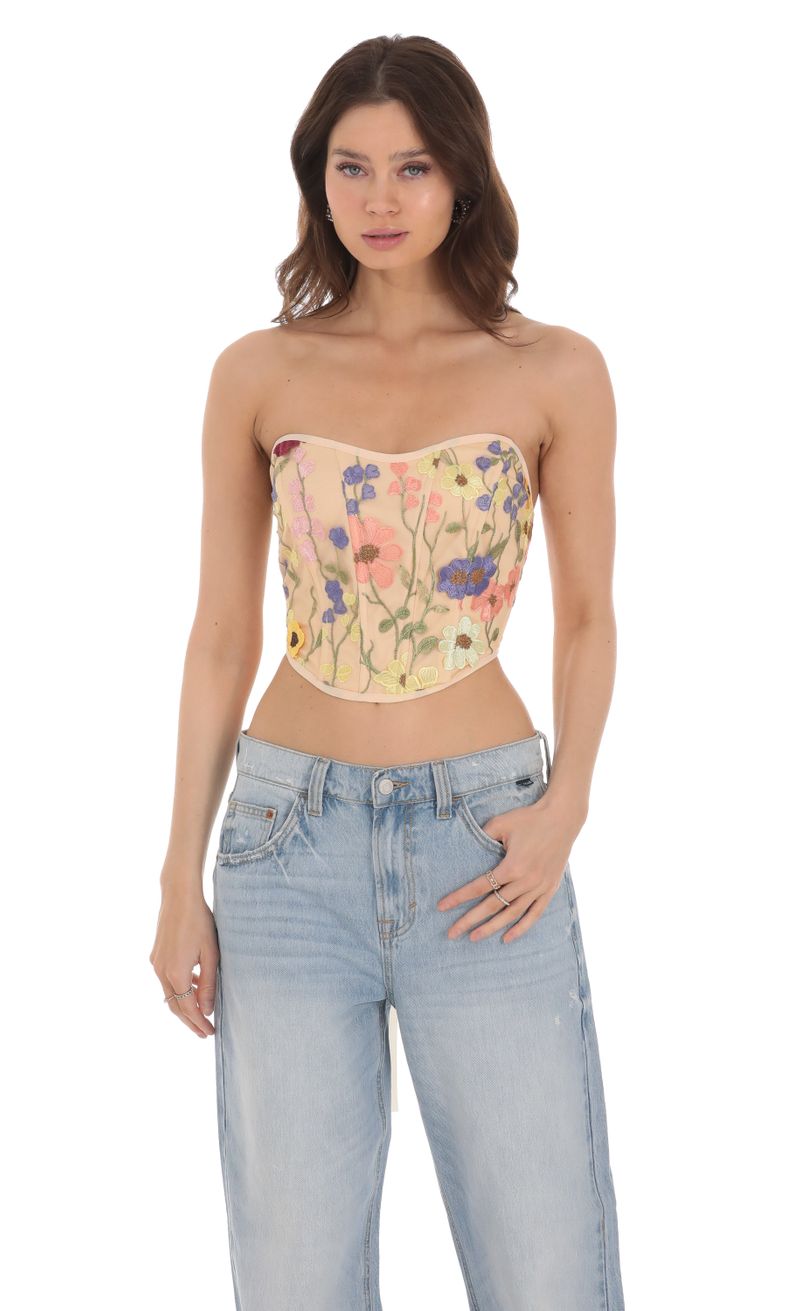 Floral-embroidered corset top, TOP14067