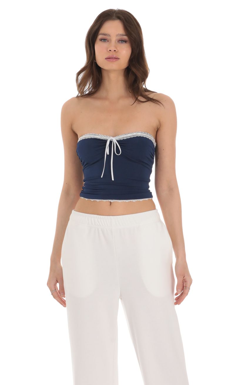 Strapless White Lace Top in Navy