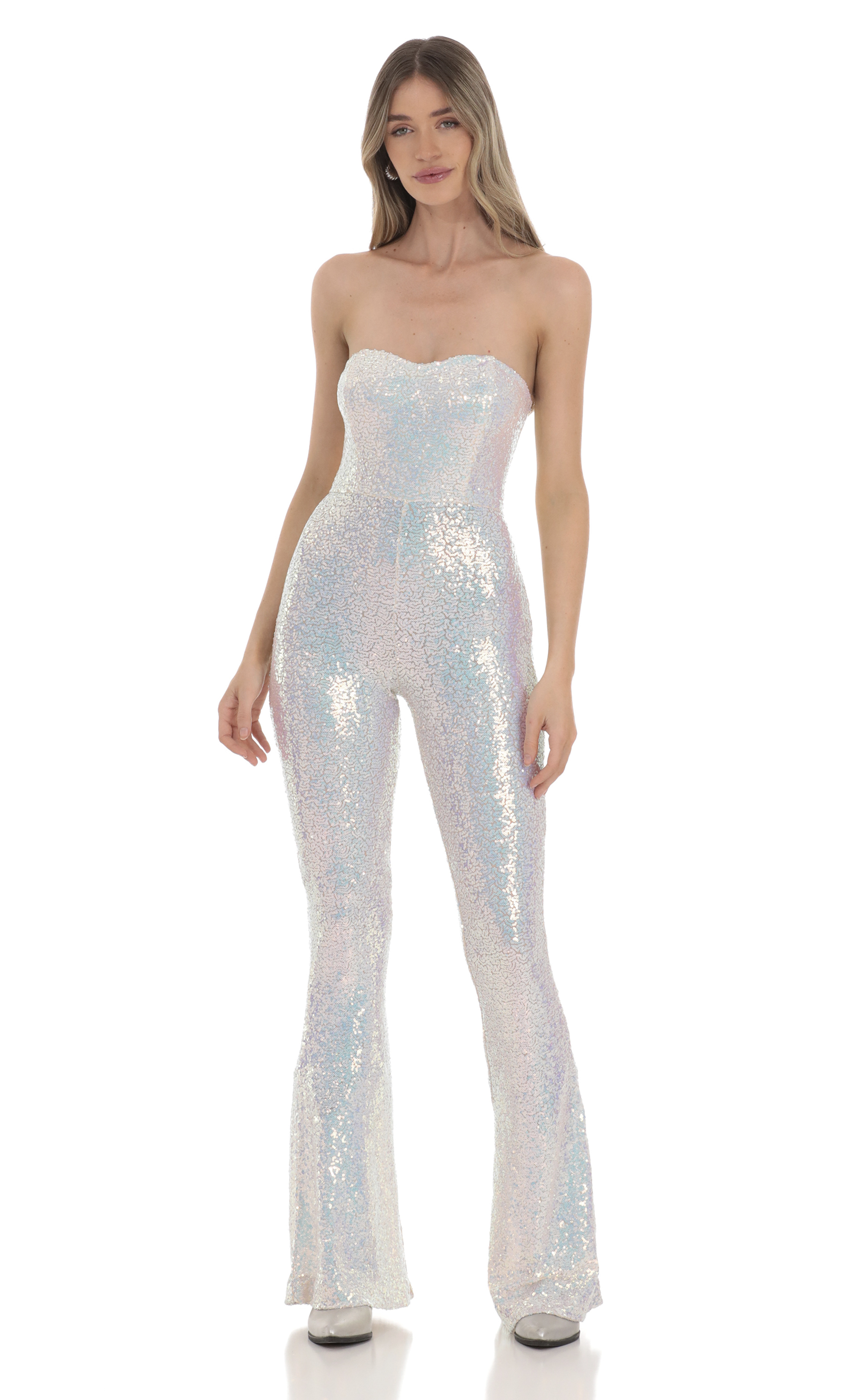 Two Piece Strapless Iridescent Sequin Jumpsuit in White