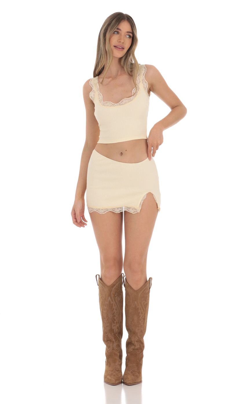 Product image for Ribbed Lace Two Piece Set in Yellow