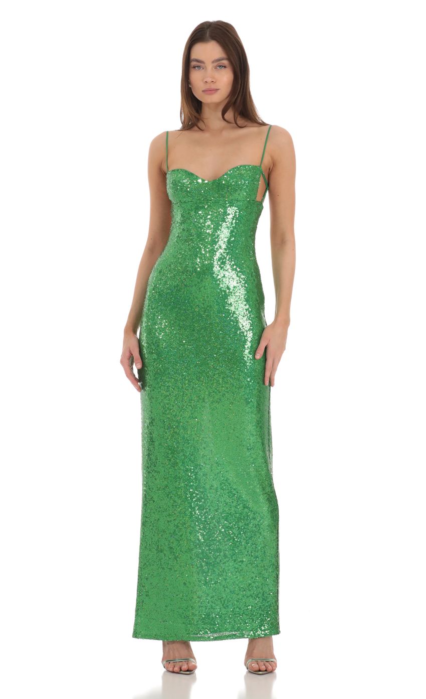 Picture Sequin Open Back Maxi Dress in Green. Source: https://media-img.lucyinthesky.com/data/Jan24/850xAUTO/01d9a404-9e0b-4f65-b529-f3a6c447b824.jpg