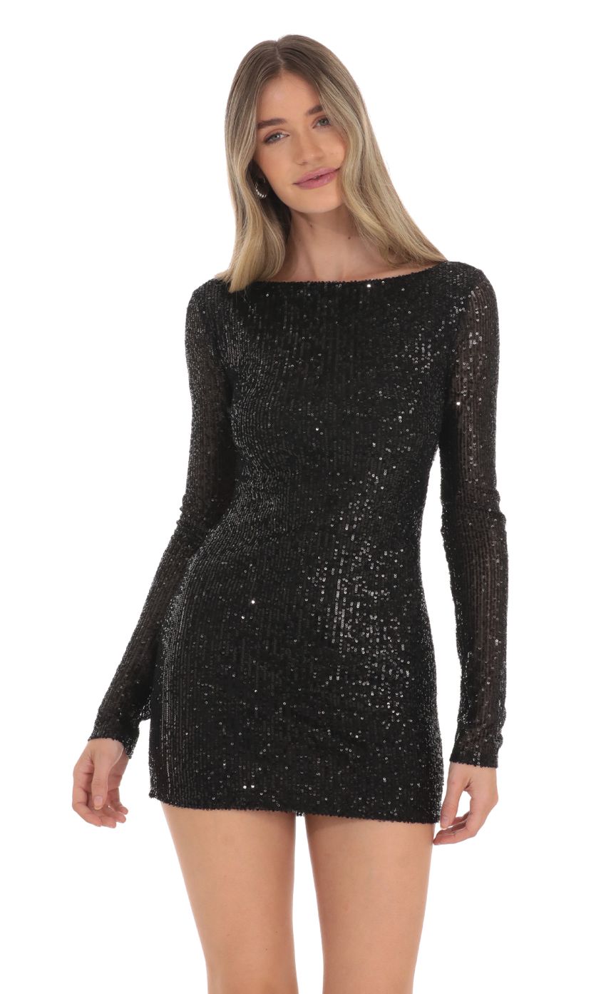 Picture Sequin High Neck Open Back Dress in Black. Source: https://media-img.lucyinthesky.com/data/Jan24/850xAUTO/054636c6-d5b8-45d1-bcb4-746bc04c4ba8.jpg