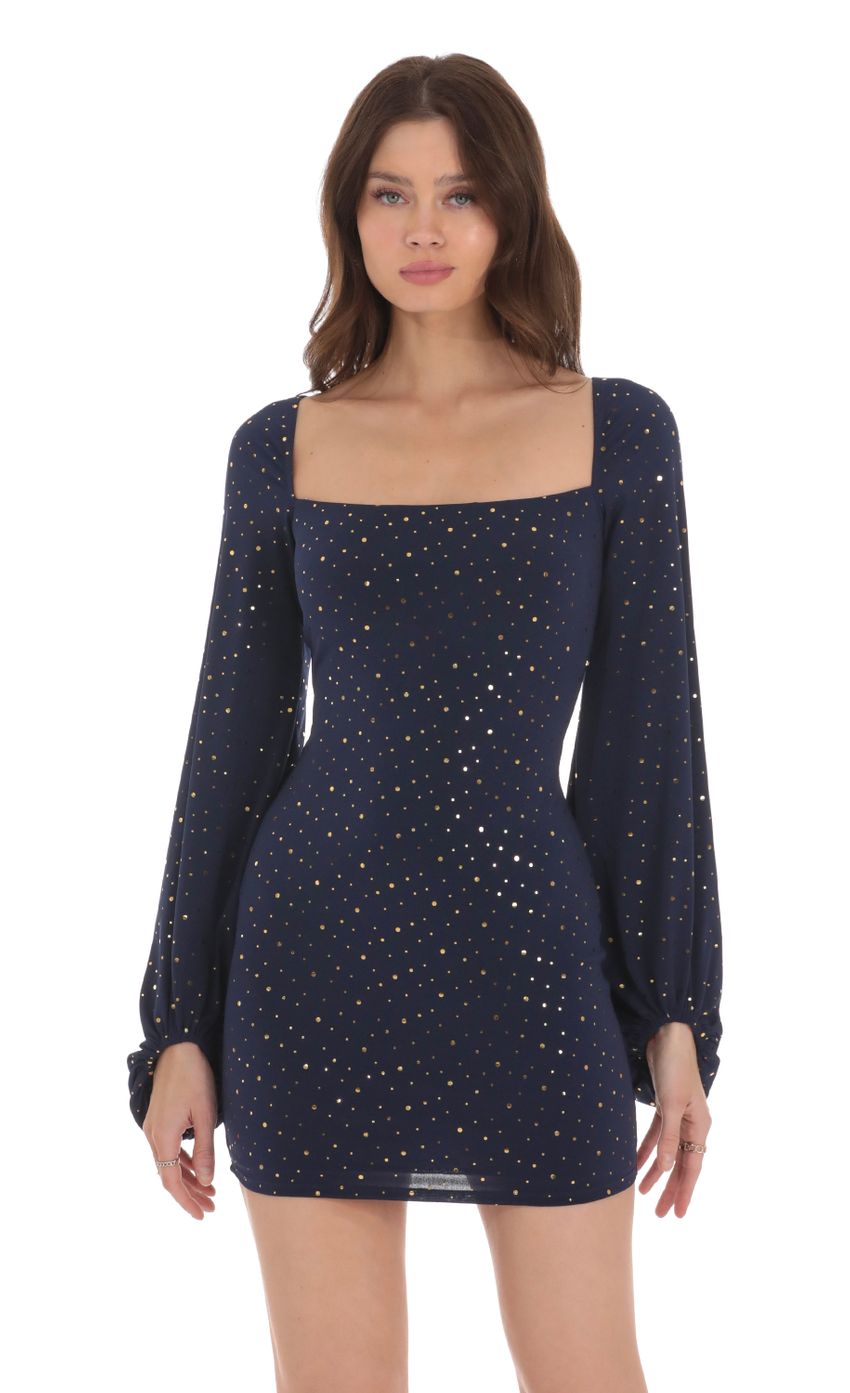 Picture Shimmer Balloon Sleeve Bodycon Dress in Navy. Source: https://media-img.lucyinthesky.com/data/Jan24/850xAUTO/0a7dce20-f260-439d-b94e-d00dba1f68e2.jpg