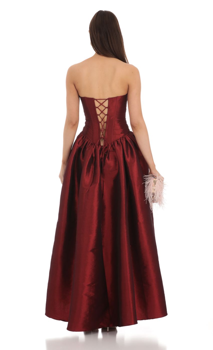 Picture Strapless Corset Gown in Deep Red. Source: https://media-img.lucyinthesky.com/data/Jan24/850xAUTO/1c35daae-5efd-45f4-9326-ec0b6fee4c7f.jpg