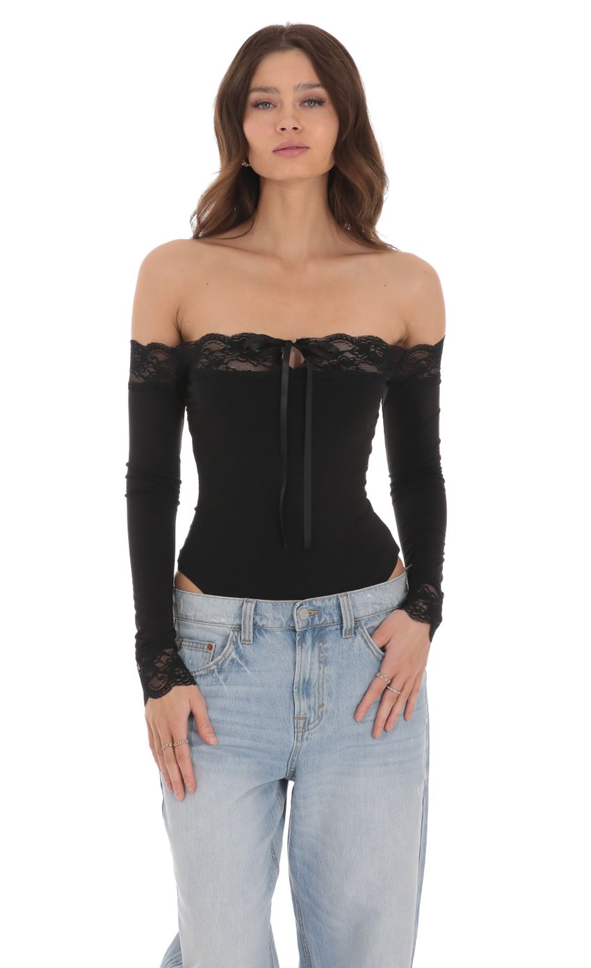 Picture Off Shoulder Lace Bodysuit in Black. Source: https://media-img.lucyinthesky.com/data/Jan24/850xAUTO/1d22d117-cf27-477d-9b92-0b633e7ce9de.jpg