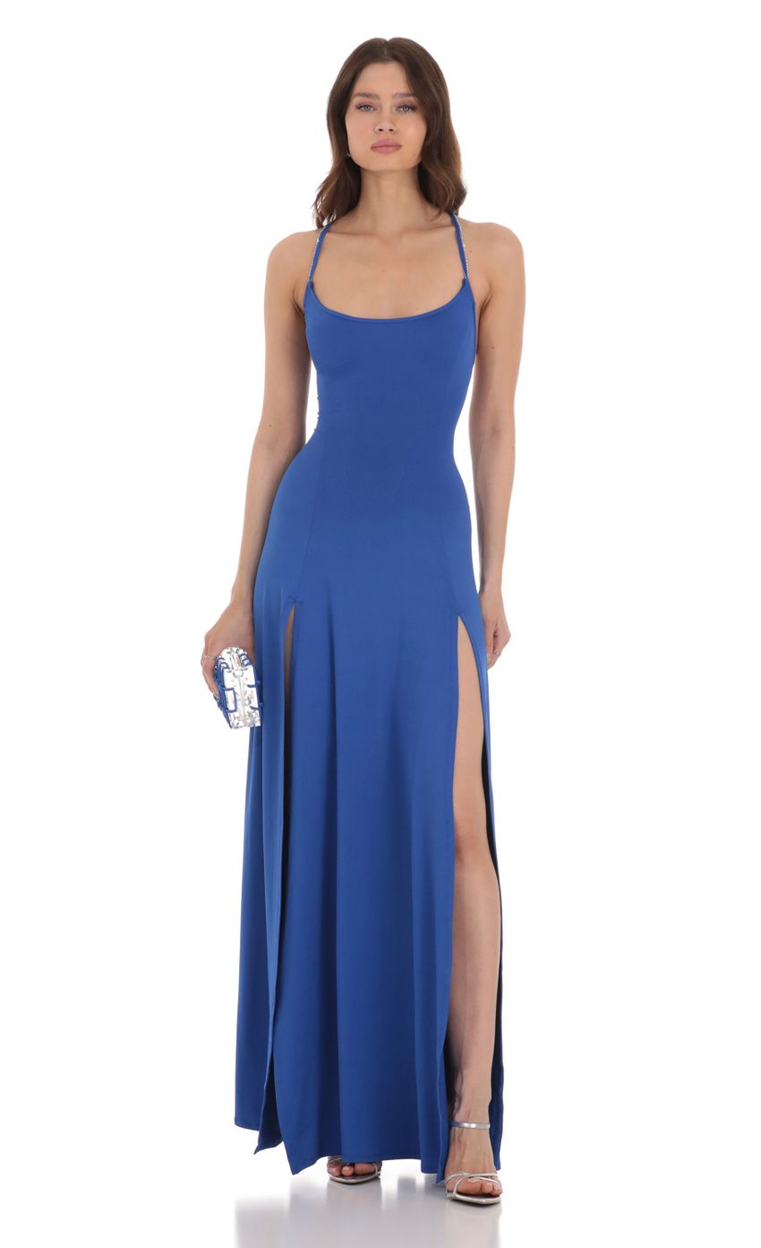 Picture Rhinestone Slit Maxi Dress in Blue. Source: https://media-img.lucyinthesky.com/data/Jan24/850xAUTO/31e5011d-8cd7-4beb-9772-15d10e3ee146.jpg