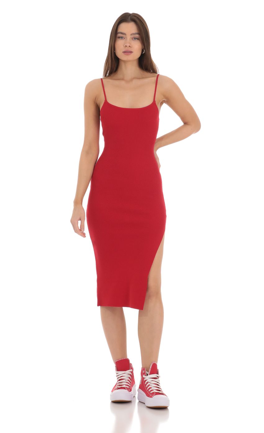 Picture Ribbed Bodycon Midi Dress in Red. Source: https://media-img.lucyinthesky.com/data/Jan24/850xAUTO/32d1b9d3-bd15-4a47-94aa-c7d5ed806037.jpg