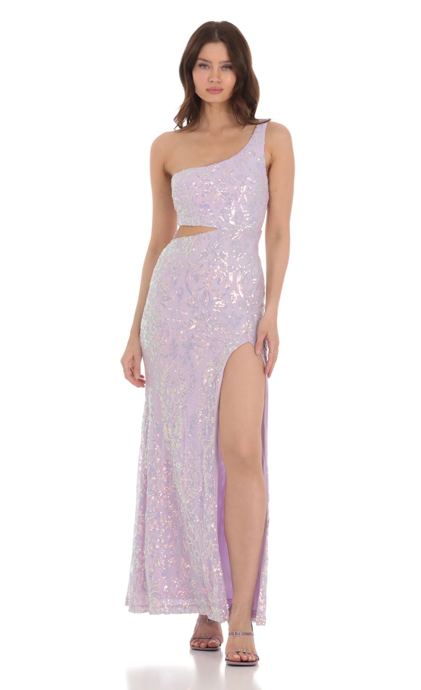 Picture Sequin One Shoulder Cutout Maxi Dress in Lavender. Source: https://media-img.lucyinthesky.com/data/Jan24/850xAUTO/35accf5a-f968-43fb-8ffc-2e2f27fc0ec0.jpg