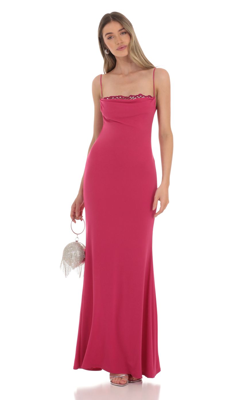 Product image for Lace Cowl Neck Maxi Dress in Magenta