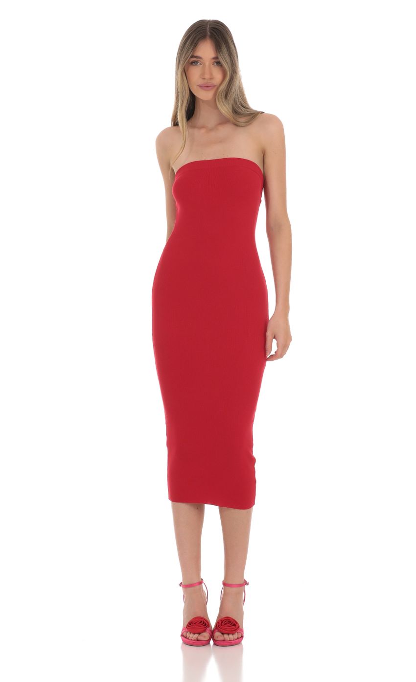 Picture Strapless Ribbed Bodycon Midi Dress in Red. Source: https://media-img.lucyinthesky.com/data/Jan24/850xAUTO/45dcf52c-baf0-4942-8561-9b8d934f4f23.jpg
