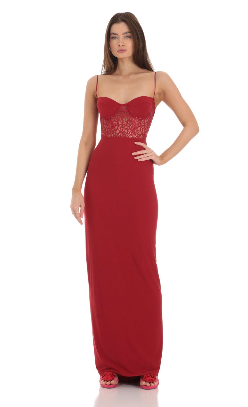 Picture Sequin Lace Cutout Maxi Dress in Red. Source: https://media-img.lucyinthesky.com/data/Jan24/850xAUTO/4604e382-e38a-40c1-a1f8-e39b5d02ef48.jpg