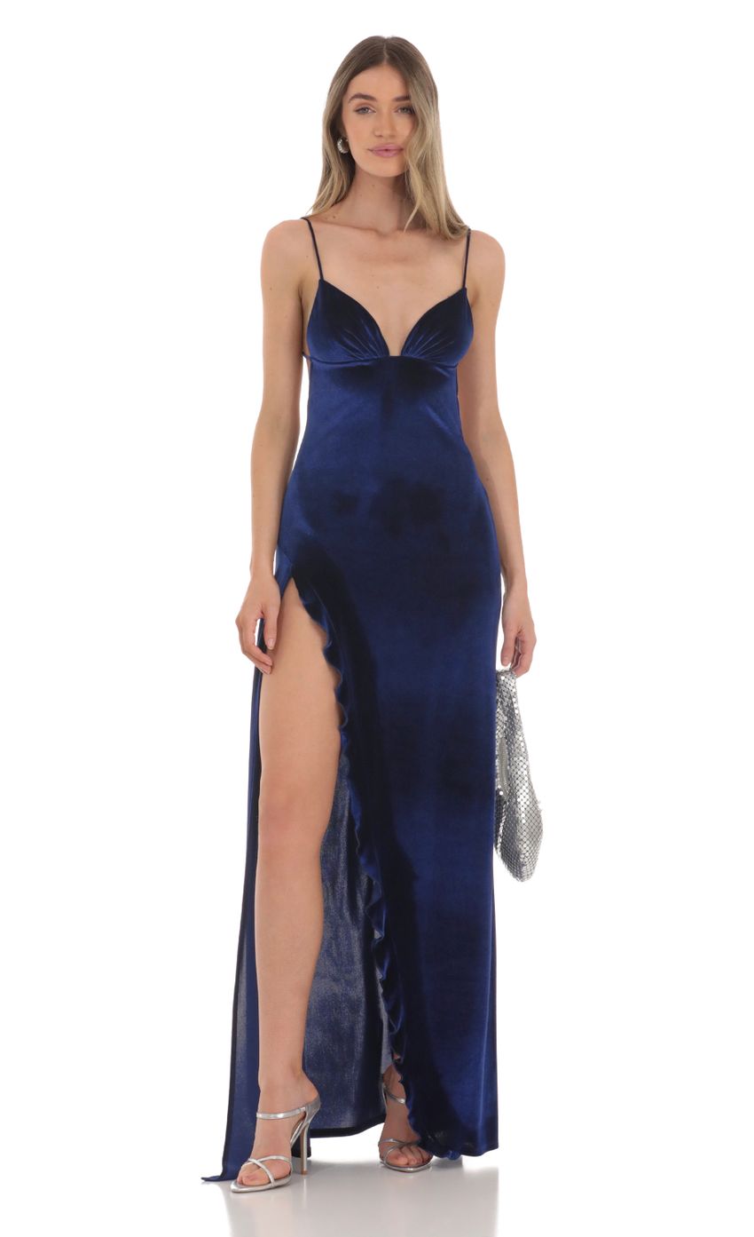 Picture Velvet Ruffle Maxi Dress in Blue. Source: https://media-img.lucyinthesky.com/data/Jan24/850xAUTO/48e35043-2b21-4164-b8e6-88627097fb3c.jpg