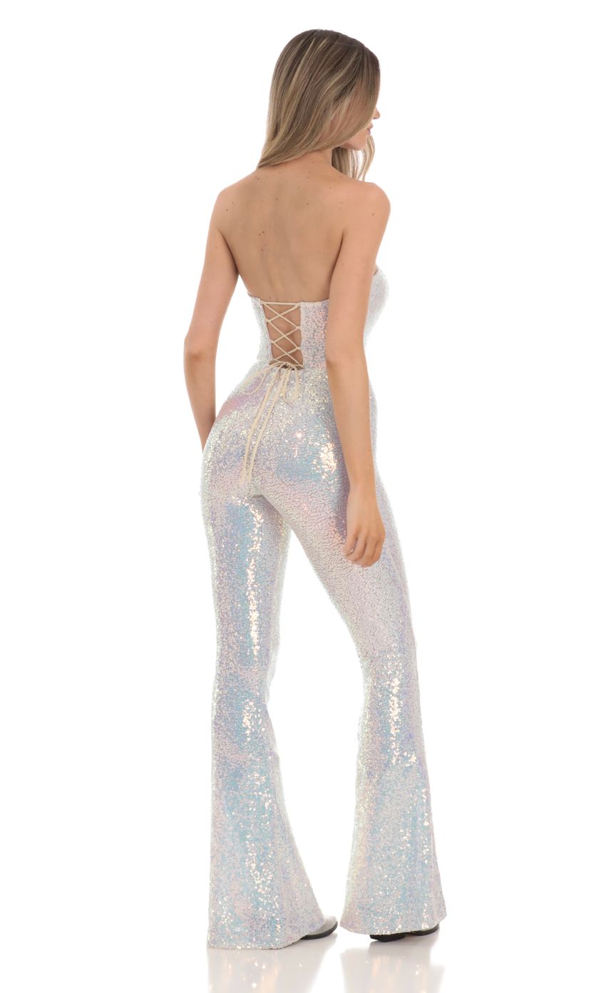 Picture Two Piece Strapless Iridescent Sequin Jumpsuit in White. Source: https://media-img.lucyinthesky.com/data/Jan24/850xAUTO/5729ef2b-bcee-417d-9b95-40aca7651bd5.jpg