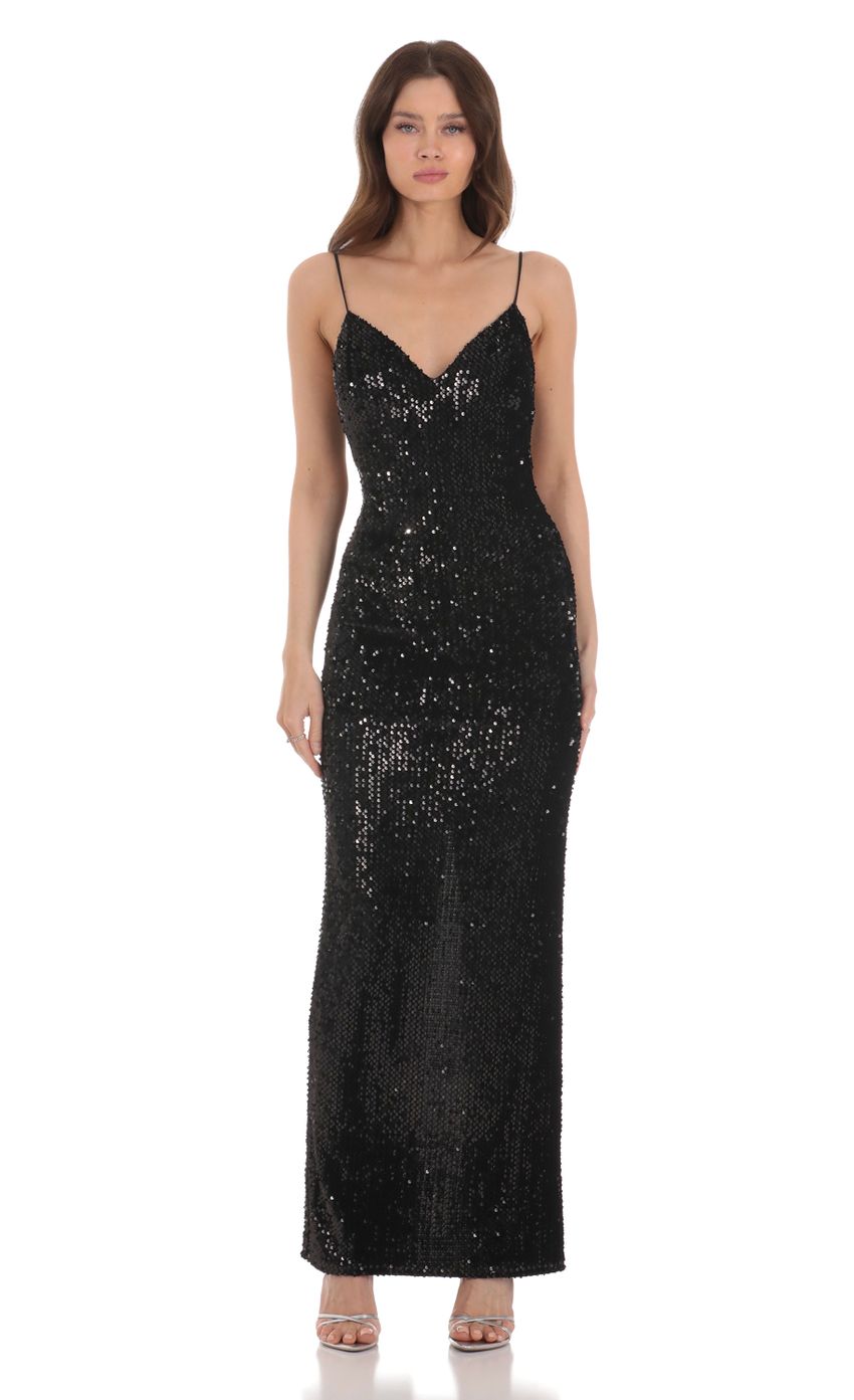 Picture Velvet Sequin Back Bow Maxi Dress in Black. Source: https://media-img.lucyinthesky.com/data/Jan24/850xAUTO/58a1904c-310a-4812-97c5-4b437a66f729.jpg