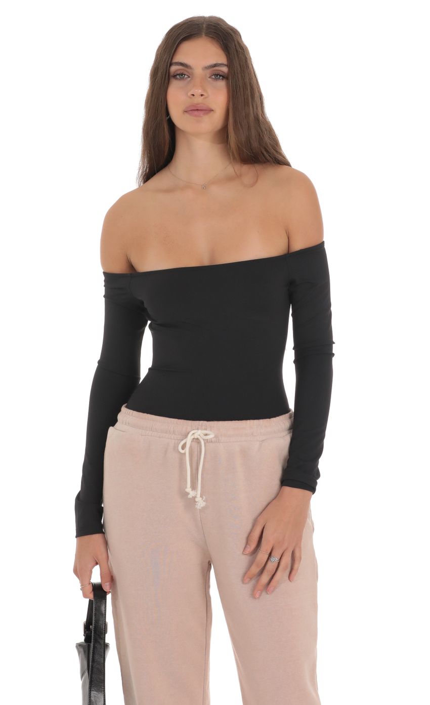 Picture Off Shoulder Bodysuit in Black. Source: https://media-img.lucyinthesky.com/data/Jan24/850xAUTO/5c59fdc9-cfcd-4f54-b034-492538a76e89.jpg