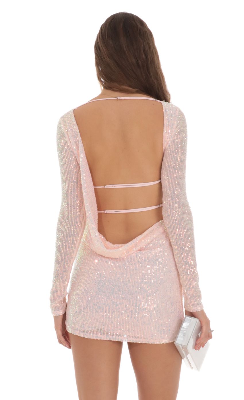 Picture Sequin High Neck Open Back Dress in Pink. Source: https://media-img.lucyinthesky.com/data/Jan24/850xAUTO/660288dc-493f-4fa8-a621-4533f98d74e8.jpg
