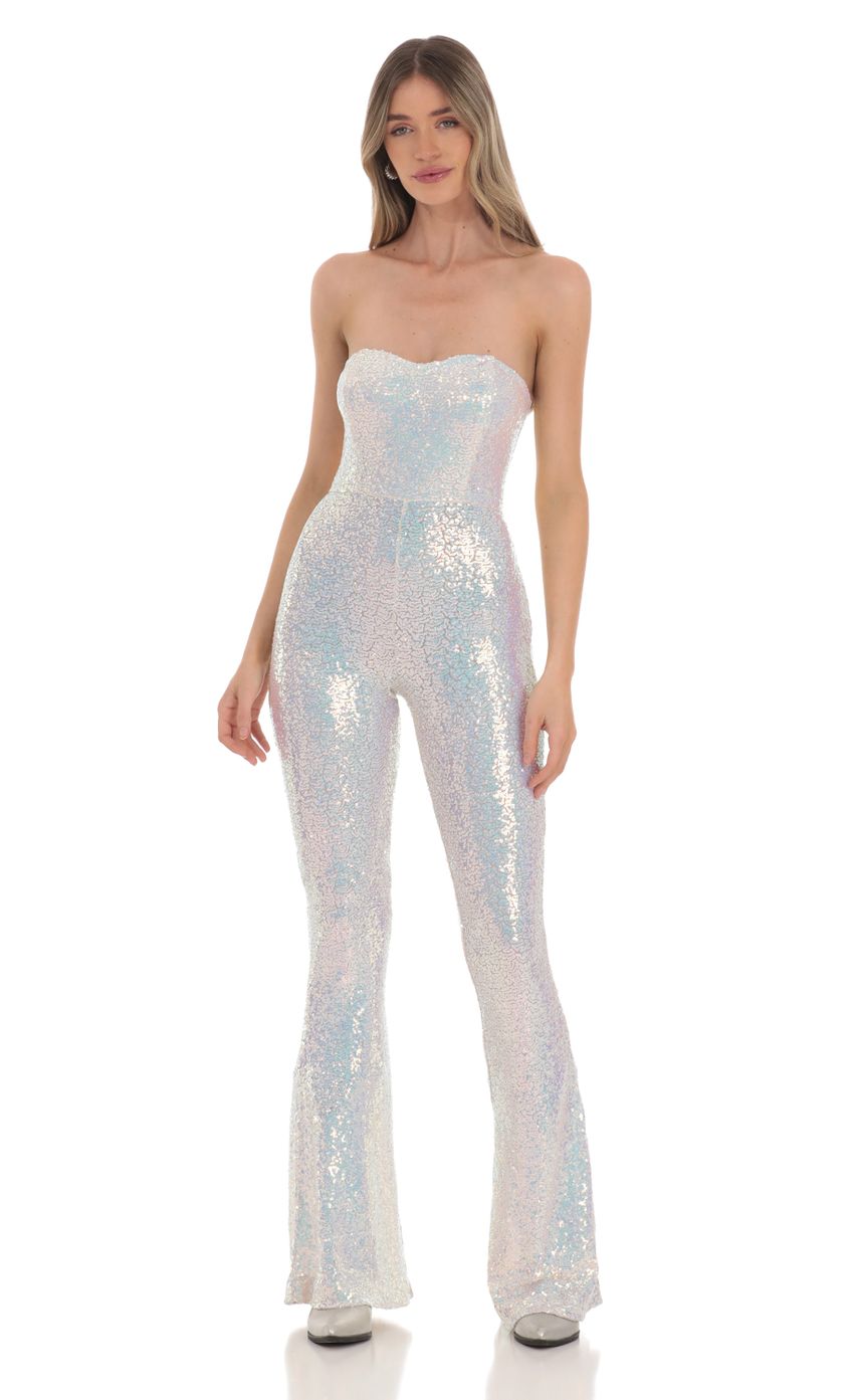 Picture Two Piece Strapless Iridescent Sequin Jumpsuit in White. Source: https://media-img.lucyinthesky.com/data/Jan24/850xAUTO/8400331a-b83d-4f8a-a506-899d6ef5883f.jpg
