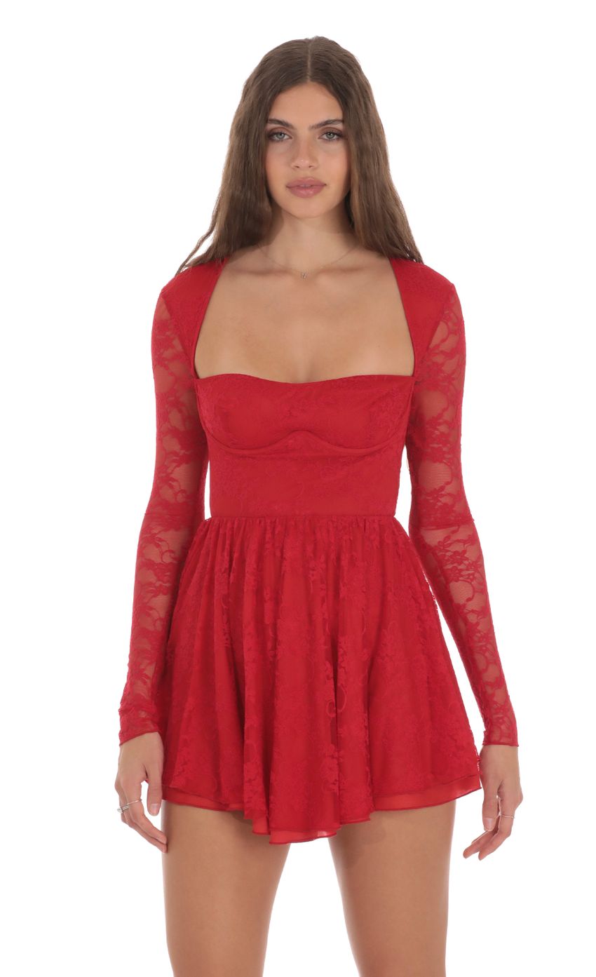 Picture Long Sleeve Lace A-line Dress in Red. Source: https://media-img.lucyinthesky.com/data/Jan24/850xAUTO/8eff291b-22d0-485f-a393-c15bf3bef14f.jpg