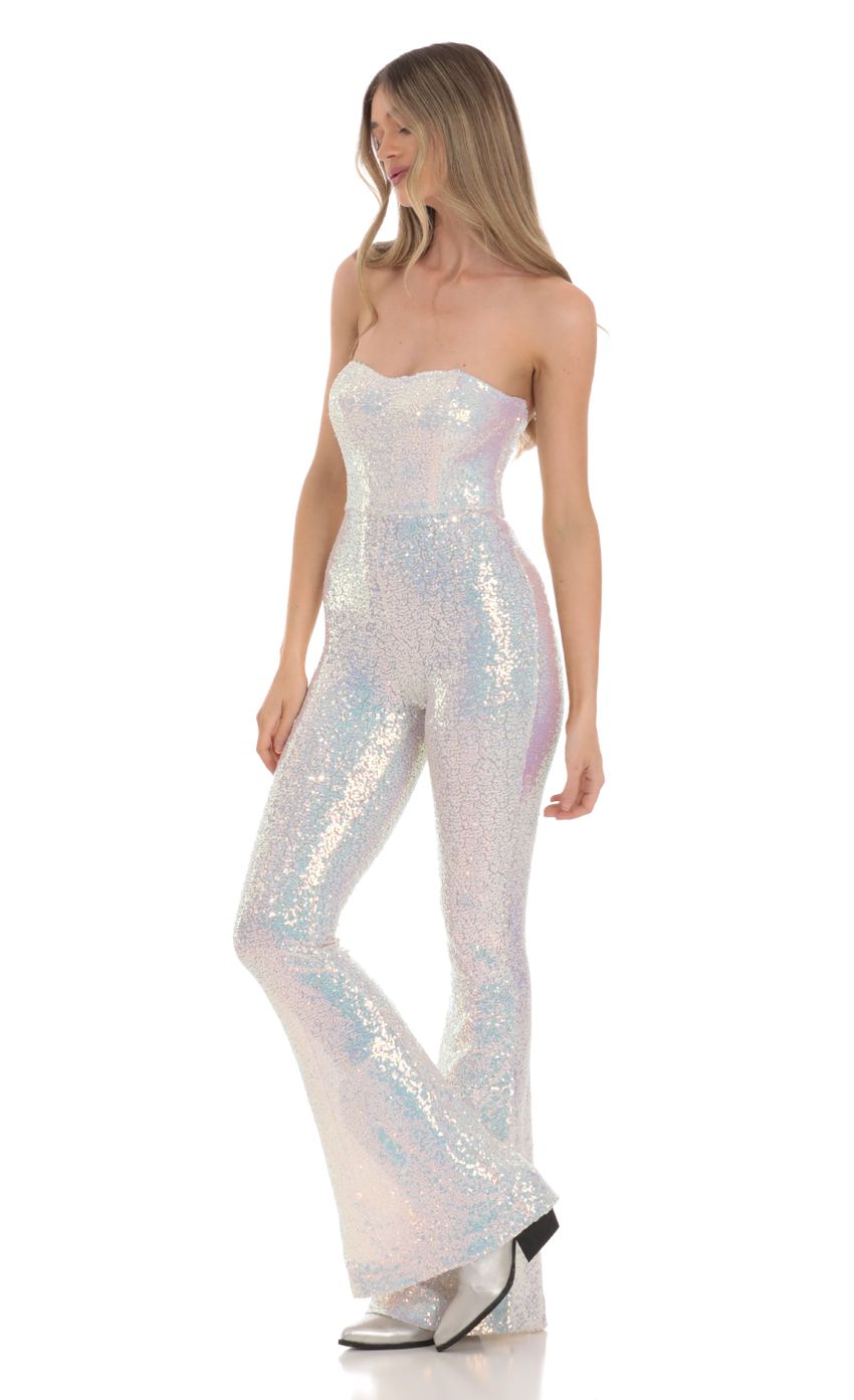 Picture Two Piece Strapless Iridescent Sequin Jumpsuit in White. Source: https://media-img.lucyinthesky.com/data/Jan24/850xAUTO/92e44b9a-b5d5-48d7-87ca-01566c2df19b.jpg