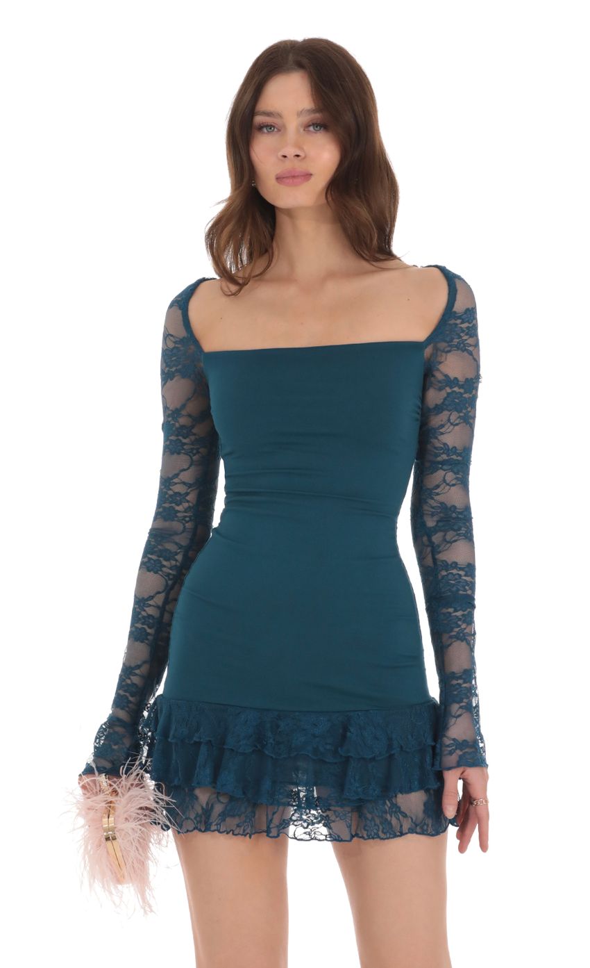 Picture Lace Ruffle Bodycon Dress in Teal. Source: https://media-img.lucyinthesky.com/data/Jan24/850xAUTO/93355282-b6d8-4090-b7d6-482c33a17ef6.jpg