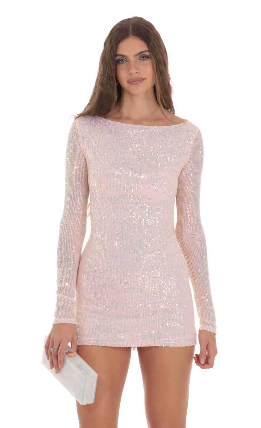 Picture Sequin High Neck Open Back Dress in Pink. Source: https://media-img.lucyinthesky.com/data/Jan24/850xAUTO/99e41bdd-801c-4fdf-a86d-7574523f888b.jpg