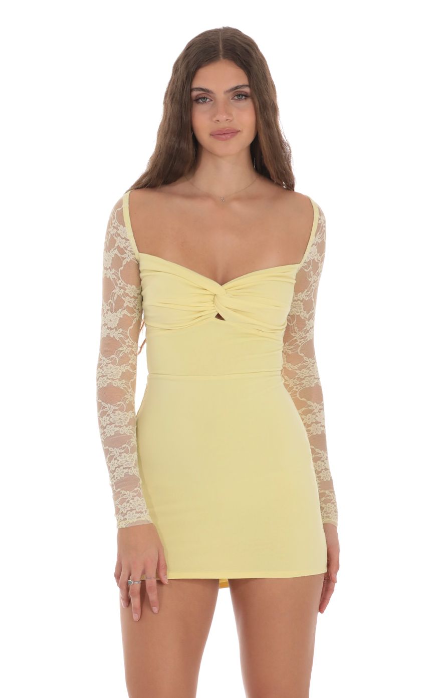 Picture Lace Long Sleeve Twist Bodycon Dress in Yellow. Source: https://media-img.lucyinthesky.com/data/Jan24/850xAUTO/a62c1220-6892-43f5-9a26-0513ca934fd8.jpg