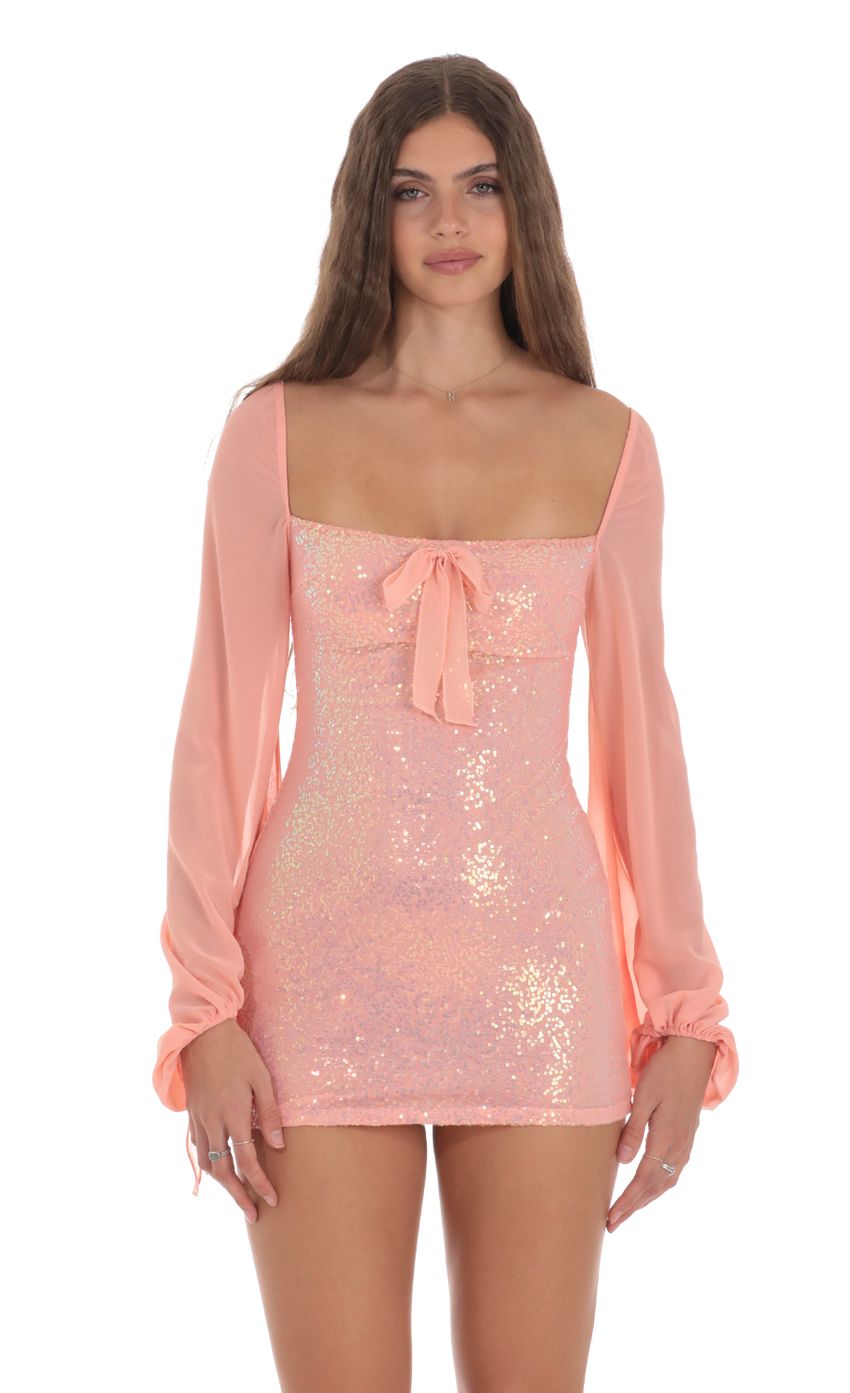 Picture Sequin Balloon Sleeve Bodycon Dress in Coral. Source: https://media-img.lucyinthesky.com/data/Jan24/850xAUTO/a6bbc2ca-4c91-4be7-b6e3-58a62b7303dd.jpg