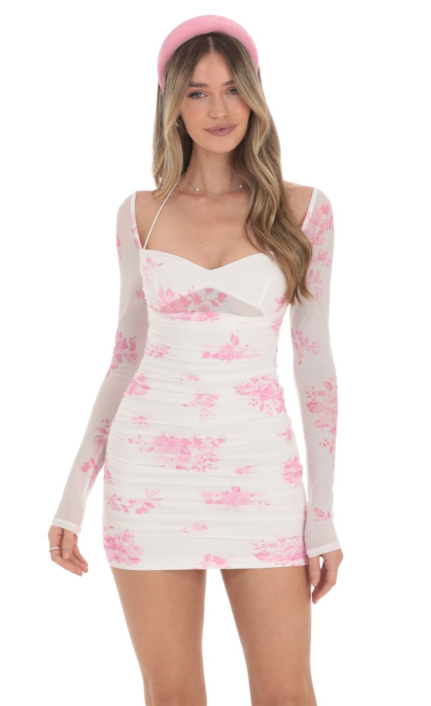 Picture Mesh Pink Floral Ruched Dress in White. Source: https://media-img.lucyinthesky.com/data/Jan24/850xAUTO/bb043990-44a0-4578-ac91-6fcaf4ccc2e6.jpg